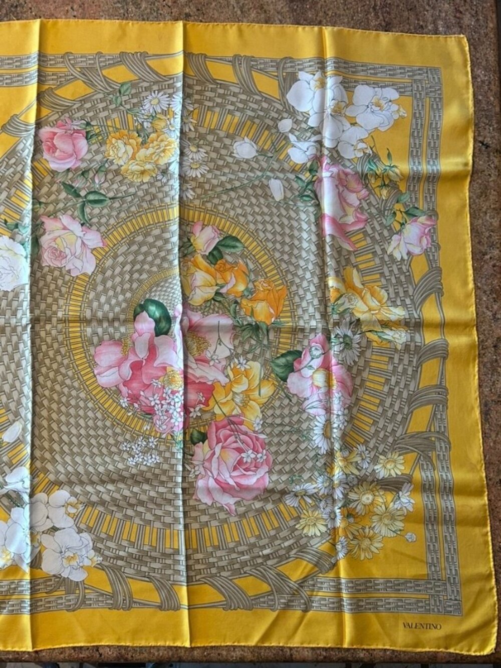 Vintage Valentino Yellow Silk (I believe) Scarf w Floral & Basket Weave Design